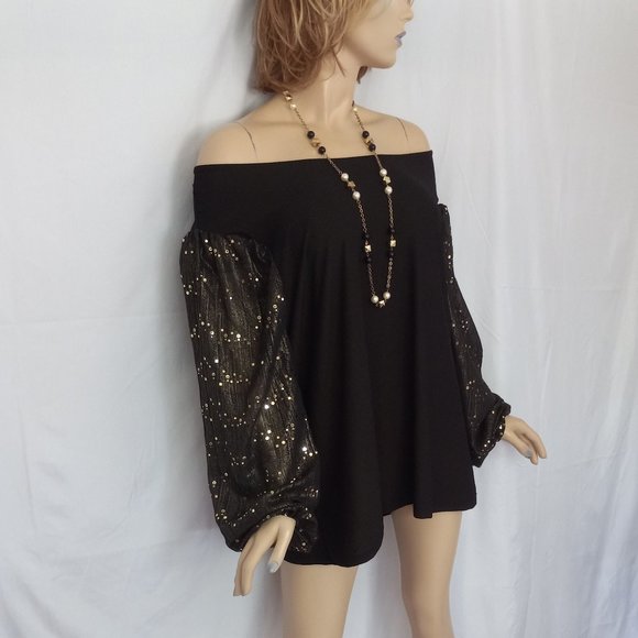 CHIC & NEW! A LOVE STORY Black Gold Polka Dot Puff Sleeve Off-Shoulder Top Sz 2X - Picture 3 of 8